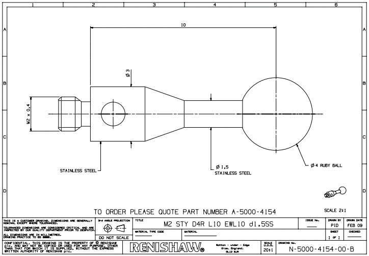 Renishaw, M2 Ø4 mm ruby ball, stainless steel stem, L 10 mm, EWL 10 mm, A-5000-4154