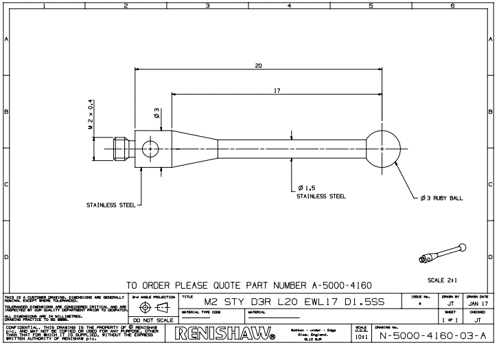 Renishaw, M2 Ø3 mm ruby ball, stainless steel stem, L 20 mm, EWL 17 mm, A-5000-4160