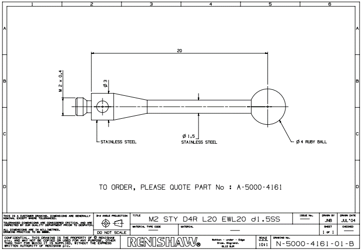 Renishaw, M2 Ø4 mm ruby ball, stainless steel stem, L 20 mm, EWL 20 mm, A-5000-4161